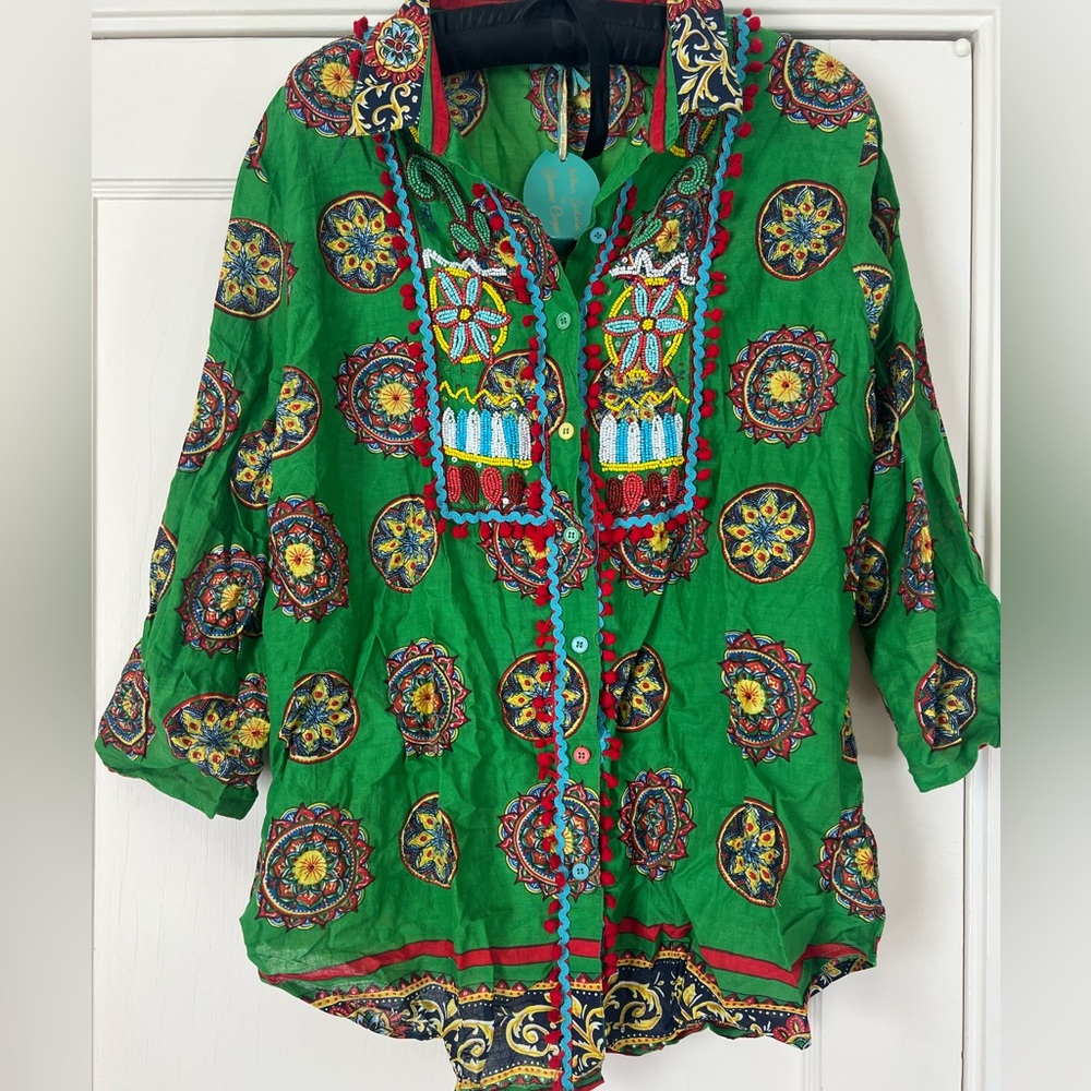 Colorful Embroidered and beaded Green Italian Blouse